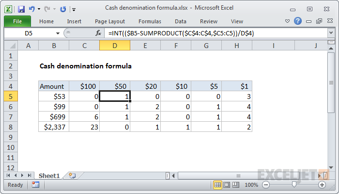 Cash Denomination Calculator Excel Formula Exceljet 5228